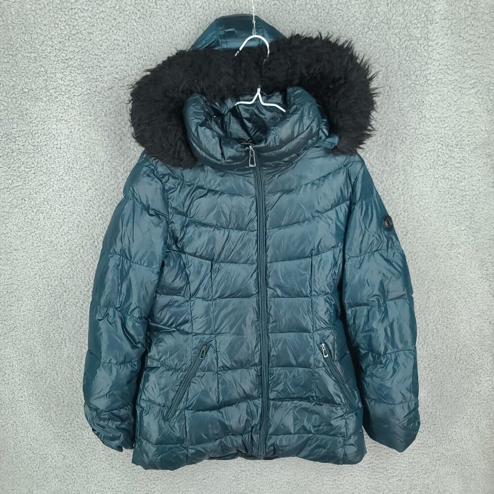 Calvin Klein Jacket Womens Medium Green Down Puffer Parka Faux Fur Full Zip